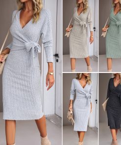 Autumn And Winter V-neck Long Sleeve Knitted Tied Dress