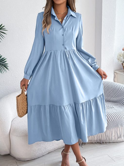 Lapel Casual Loose Long Sleeve Ruffled Shirt Dress - Image 2