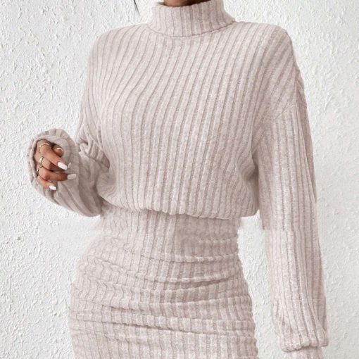 Long Sleeve High Neck Ribbing Woolen Knit Suit - Image 5