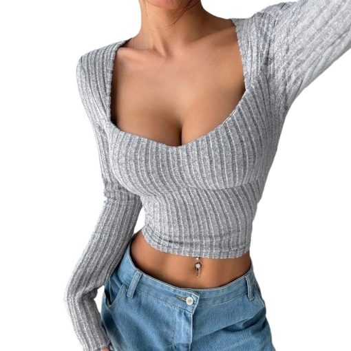 Women's Sunken Stripe Brushed T-shirt Short Midriff-baring Top - Image 3