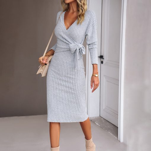 Autumn And Winter V-neck Long Sleeve Knitted Tied Dress - Image 3