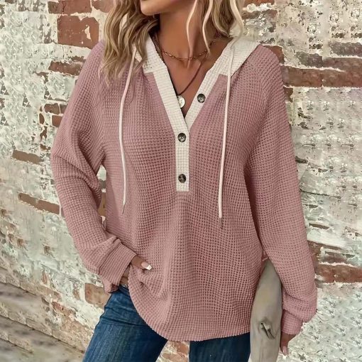Women's Solid Color Waffle Hooded Button Loose Long Sleeve Sweatershirt - Image 9