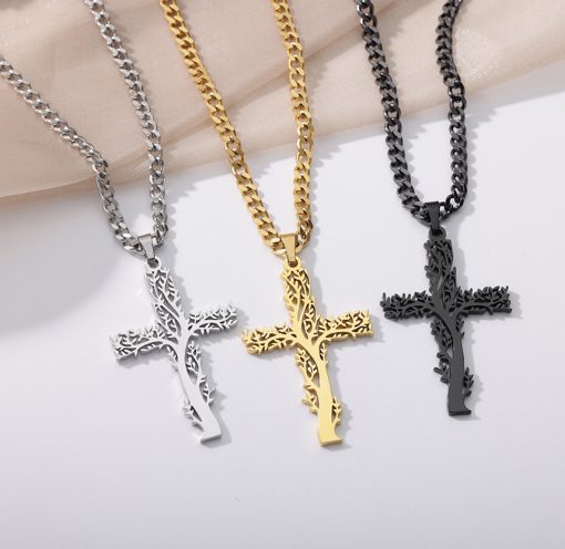Stainless Steel Lucky Tree Cross Necklace Ornament - Image 3