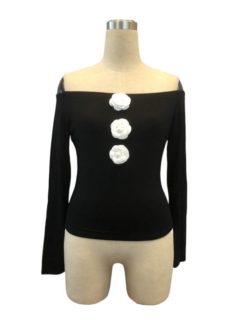 3D Floral Off-the-shoulder Off-neck Slim-fit Long-sleeved T-shirt - Image 2