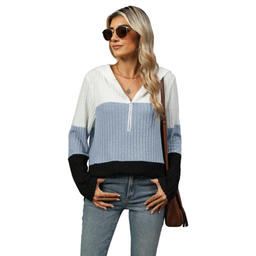 Women's Stitching Zipper Hooded Long Sleeve Top - Image 5