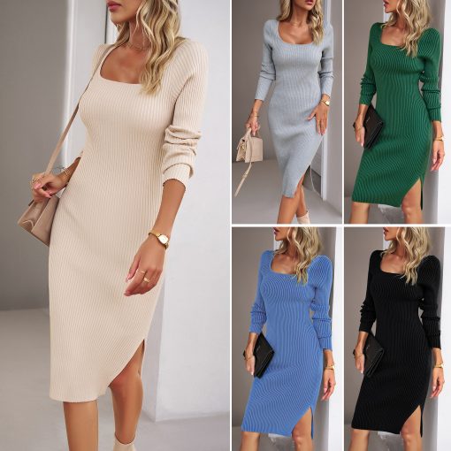 Women's Fashion Temperament Square Collar Woolen Dress - Image 5