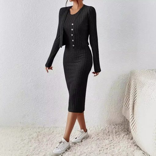 Front Button Cropped Top And Slim Fit Dress - Image 6