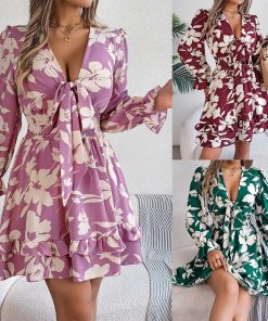 Women's Casual Flower Half Sleeve Ruffled A-line Dress