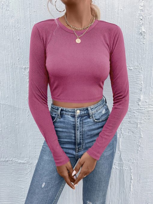 Women's Round Neck Pullover Casual Long Sleeve T-shirt Top - Image 7