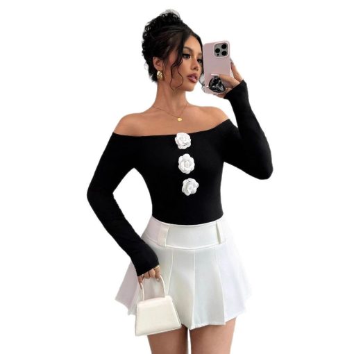 3D Floral Off-the-shoulder Off-neck Slim-fit Long-sleeved T-shirt - Image 5