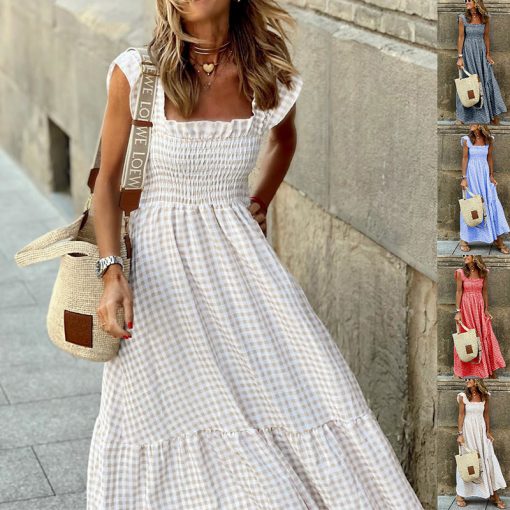 Summer Plaid Print Pleated Ruffle Dress INS Fashion Sleeveless A-line Swing Beach Dress Women's Clothing - Image 9