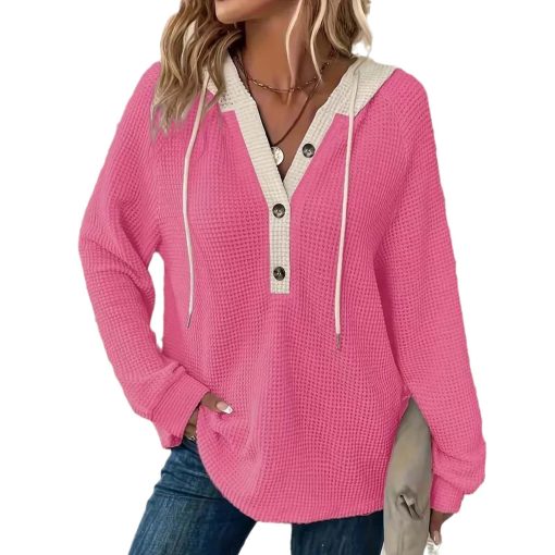 Women's Solid Color Waffle Hooded Button Loose Long Sleeve Sweatershirt - Image 2