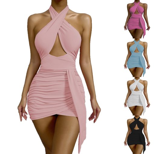 New Style Bag Hip European And American Cross Halter Neckless Pleated Dress - Image 2