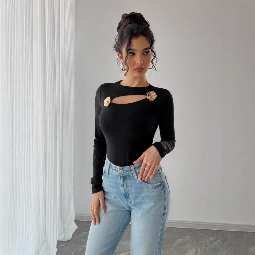 Women Hollow Rose Metal Decorative Black Tight Long Sleeve T-shirt - Image 5