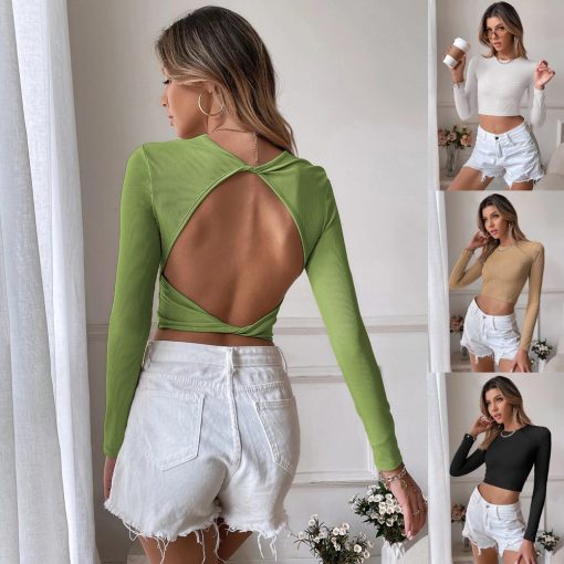 Cropped Slim Knit Long Sleeve T-Shirt Top - Image 2