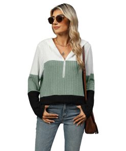 Women's Stitching Zipper Hooded Long Sleeve Top