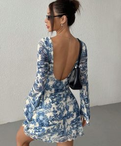 Printed Flare Sleeve Backless Mesh Dress