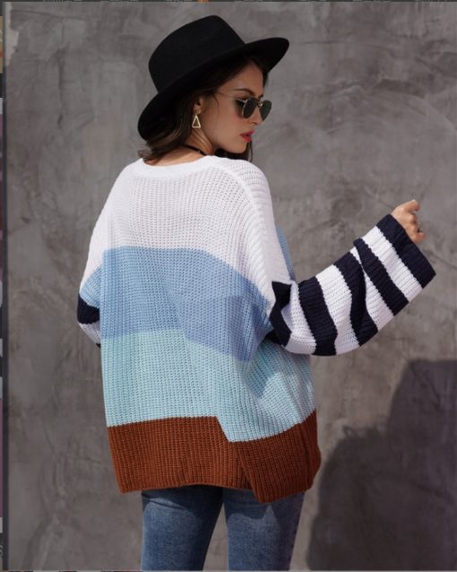 Women's Color Stitching Knit Pullover Loose Sweater - Image 9