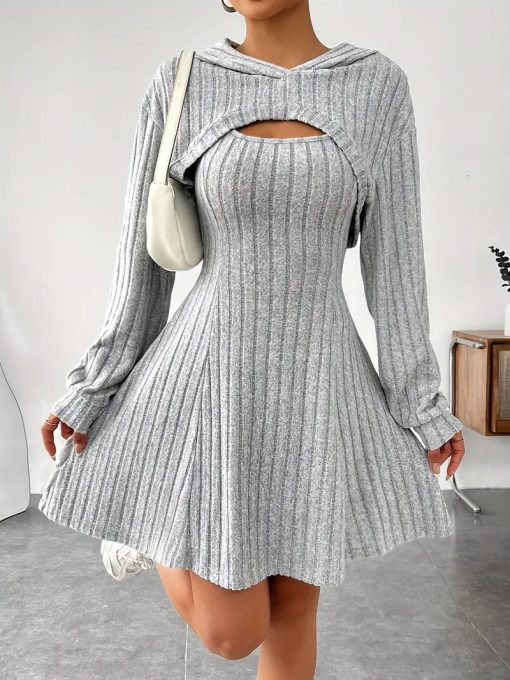 New Fashion Fall Winter Hooded Shawl Long-sleeved Vest Short Skirt Two-piece Set - Image 9