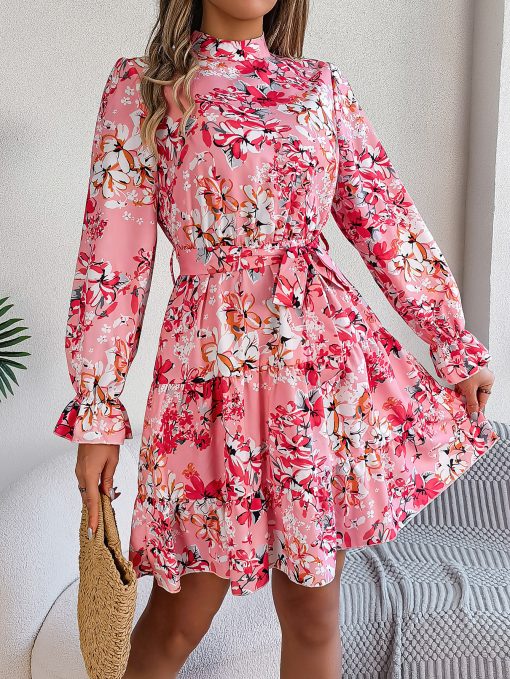 Stand Collar Flower Waist-controlled Long Sleeves Ruffled A-line Dress - Image 8