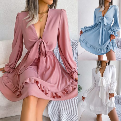 Spring And Summer European And American Leisure Lace-up Waist-tight Wooden Ear Swing Dress - Image 9