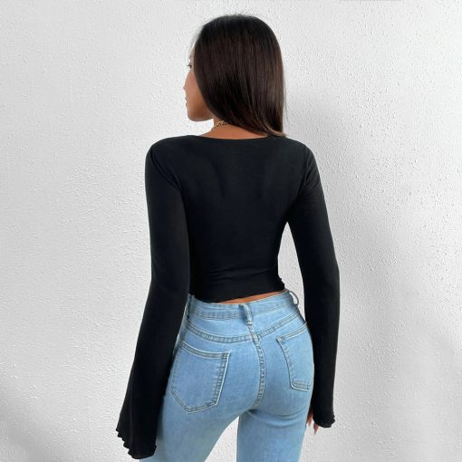 V-neck Flared Sleeves Waist Trimming Knitted Long Sleeve T-shirt - Image 2