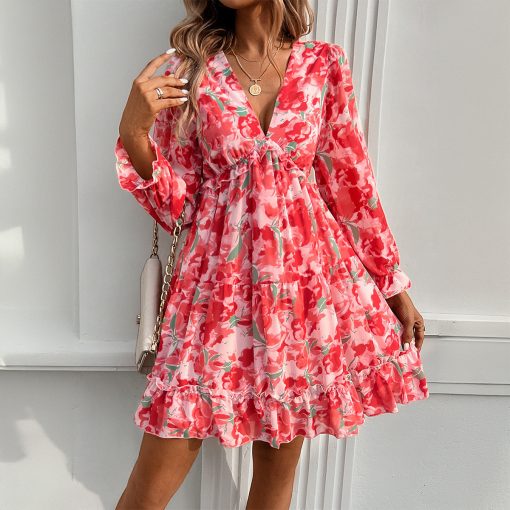 Spring And Summer Vacation Style Printed V-neck Long-sleeve Dress - Image 4