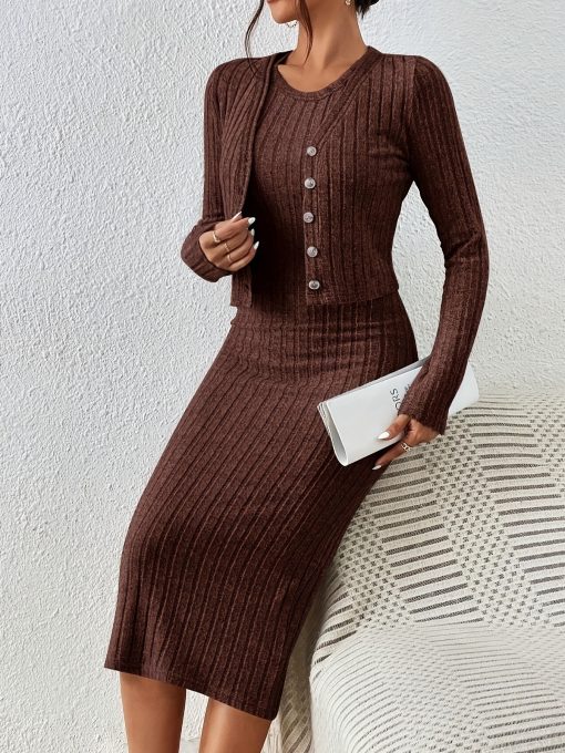 Front Button Cropped Top And Slim Fit Dress - Image 10
