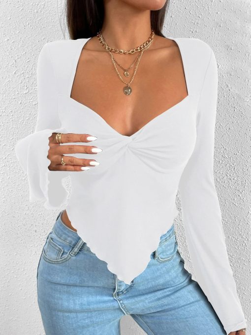 V-neck Flared Sleeves Waist Trimming Knitted Long Sleeve T-shirt - Image 5