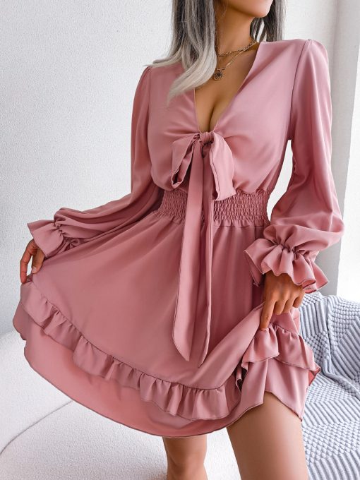 Spring And Summer European And American Leisure Lace-up Waist-tight Wooden Ear Swing Dress - Image 2