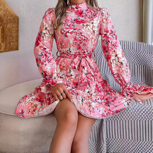 Stand Collar Flower Waist-controlled Long Sleeves Ruffled A-line Dress - Image 7