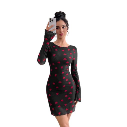 Heart Printing Flare Sleeve Backless Mesh Dress - Image 3