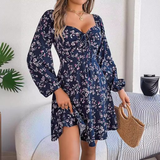 Casual Lace Up Square Collar Floral Print Long Sleeve A- Line Dress - Image 7