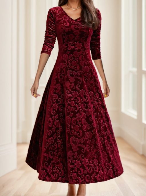 Floral Paisley Pattern Velvet Dress - Image 4