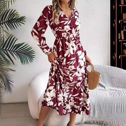 Leisure Flower Waist-controlled Long Sleeves Ruffled Dress - Image 6