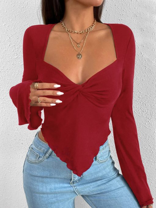 V-neck Flared Sleeves Waist Trimming Knitted Long Sleeve T-shirt - Image 10