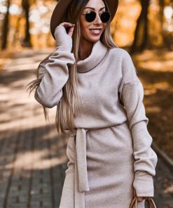 High Collar Belt Fashion Long Sleeve Skirt