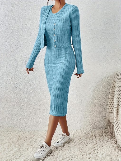 Front Button Cropped Top And Slim Fit Dress - Image 3
