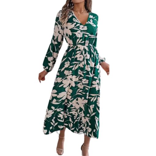 Leisure Flower Waist-controlled Long Sleeves Ruffled Dress - Image 4