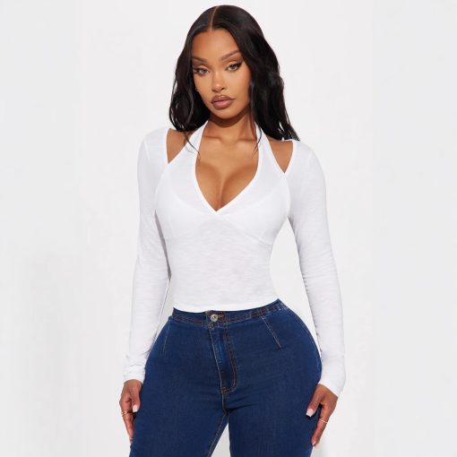 Women's Off-the-shoulder V-neck Fake Two-piece Top Slim Fit - Image 2