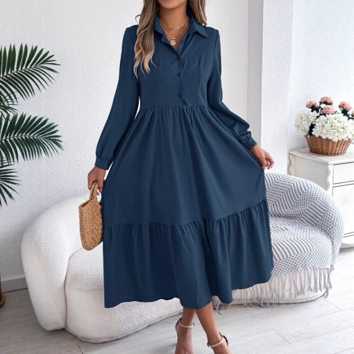 Lapel Casual Loose Long Sleeve Ruffled Shirt Dress - Image 5