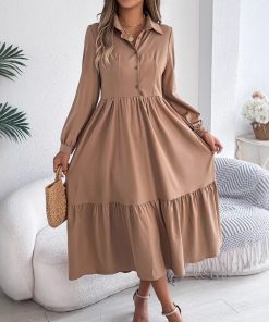 Lapel Casual Loose Long Sleeve Ruffled Shirt Dress