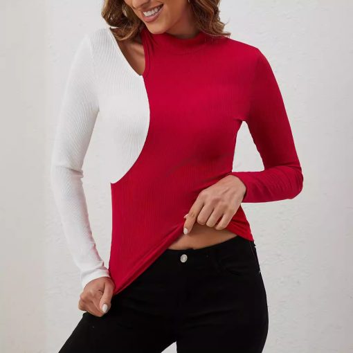 Color Contrast Patchwork Small Stand Collar T-shirt Slim Long Sleeve Top - Image 4