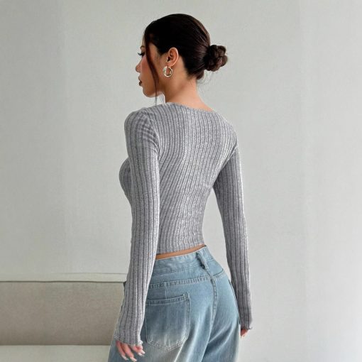 Women's Sunken Stripe Brushed T-shirt Short Midriff-baring Top - Image 5