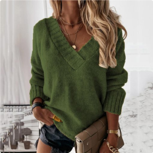 Solid Color V-neck Long-sleeved Pullover Sweater Top - Image 6