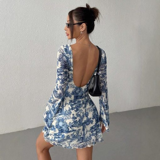 Printed Flare Sleeve Backless Mesh Dress - Image 4