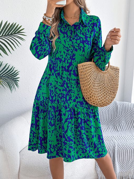 Casual Loose Contrast Color Leopard-print Long-sleeved Shirt Dress - Image 2