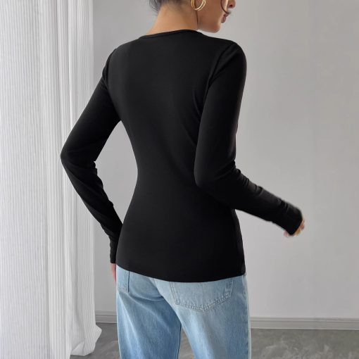 Women Hollow Rose Metal Decorative Black Tight Long Sleeve T-shirt - Image 4