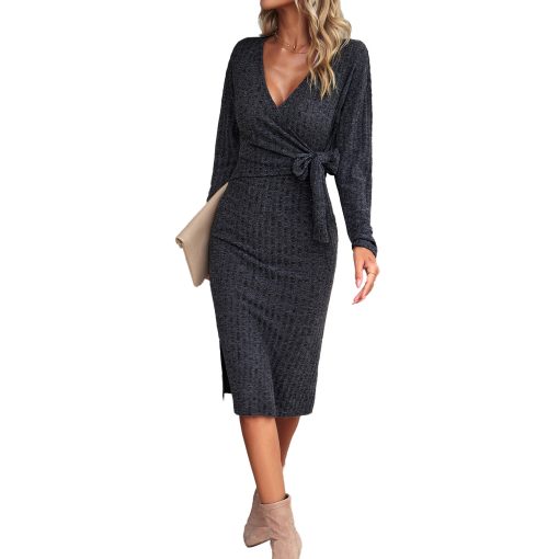 Autumn And Winter V-neck Long Sleeve Knitted Tied Dress - Image 5