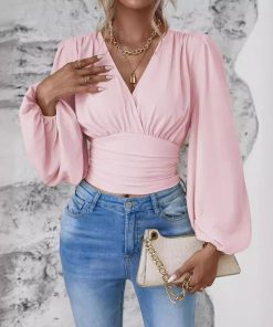 V-neck Sleeve Solid Color Pleated Women's Long-sleeved Top